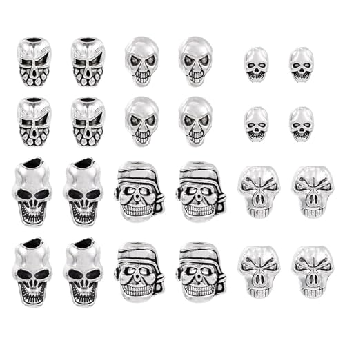 Crafans 28Pcs Tibetischen Schädel Spacer Perlen - Antik Silber Skelett Europäischen Makroporöse Große Loch Perlen für DIY Armband Schmuck Herstellung von Crafans