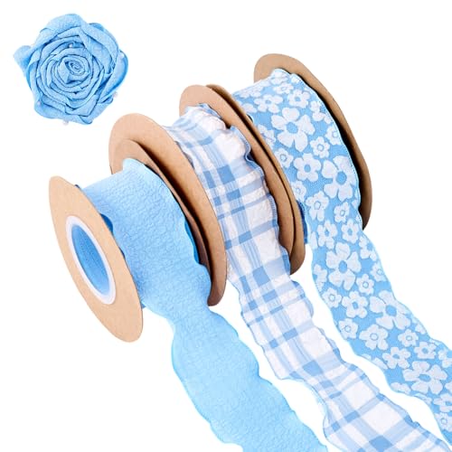 Crafans 3 Rollen Rüschen Blumen Bänder 40 mm Schleifenbesatz Falten Plaid Gingham Laced Tartan Band Bulk für DIY Kleidung Zubehör Geschenkverpackung Hellblau von Crafans