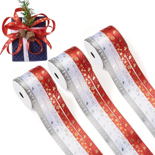 Crafans 3 Rollen Weihnachtsmotiv-Polyester-Bänder-Set, 10 mm breit, Schneeflocke, Hirsch und Weihnachtsbaum, dekorative Bordüren, Ripsband für Geschenkverpackung, Party-Dekoration Crafans 3 Rollen Weihnachtsmotiv-Polyester-Bänder-Set, 10 mm breit, Schneeflocke, Hirsch und Weihnachtsbaum, dekorative Bordüren, Ripsband für Geschenkverpackung, Party-Dekoration von Crafans