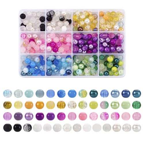 Crafans 360 Stück sortierte Glasperlen, runde Kristallperlen, bunte Bastelperlen, 8 mm, transparent/mattiert/Craquelé-Glasperlen, Großpackung für DIY-Schmuckherstellung von Crafans