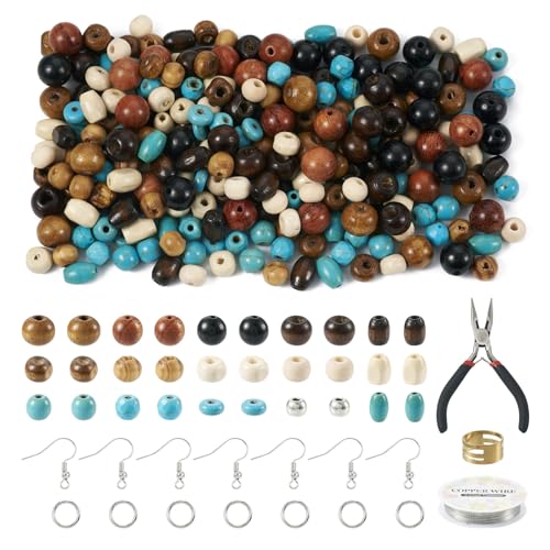 Crafans 362Pcs Turquoise Wood Beads Jewelry Making Set Round Wood Beads Barrel Gemstone Spacer Beads Tibetan Beads Assorted Beads for DIY Crafting Jewelry Making von Crafans