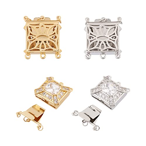 Crafans 4 Sets Messing Cubic Zirkonia Rechteckige Box Verschlüsse Platin Golden 3-Strang Verbinder Verschlüsse für Armband Halskette Schmuckherstellung DIY Komponenten 25x21,5x7mm von Crafans