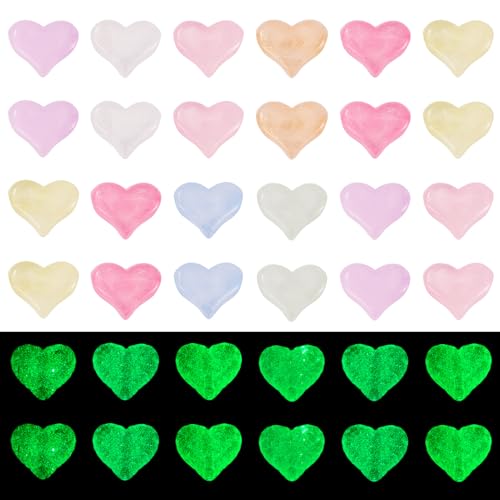 Crafans 40 Stück leuchtende Abstandshalter in Herzform, Glitzer-Herz, Acryl, großes Loch, Perlen, leuchten im Dunkeln, transparente Bastelperlen für DIY-Armbänder, Halsketten, Ohrringe von Crafans