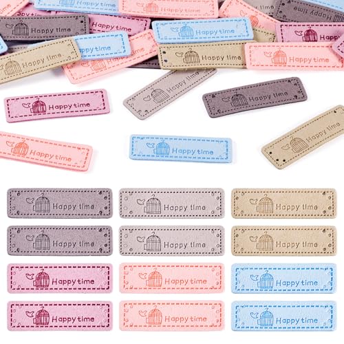 Crafans 42 Stück handgefertigte Etiketten-Etiketten, rechteckig, Mikrofaser, mit Worten "Happy Time" für handgemachtes Handwerk, 6 Farben, zum Aufnähen auf Etikett, Strickzubehör für Heimwerker von Crafans