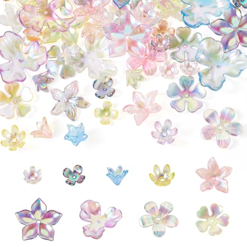 Crafans 45 Stück Blumen-Perlenkappen in 9 Farben, transparente Acryl-Perlenkappen, verschiedene Blüten-Abstandshalter, Perlen, Farbverlauf, Großpackung für DIY-Halsketten, Schmuckherstellung von Crafans