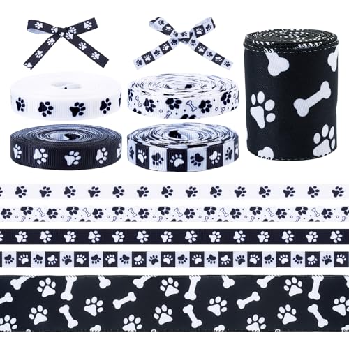 Crafans 5 Rollen Ripsband mit Pfotenabdruck, Schwarz/Weiß, Knochenmuster, 10 mm, Tiermotiv, Hundepfotenabdruck, Polyesterbänder für Stoff, DIY, Dekoration, Schleife Crafans 5 Rollen Ripsband mit Pfotenabdruck, Schwarz/Weiß, Knochenmuster, 10 mm, Tiermotiv, Hundepfotenabdruck, Polyesterbänder für Stoff, DIY, Dekoration, Schleife von Crafans