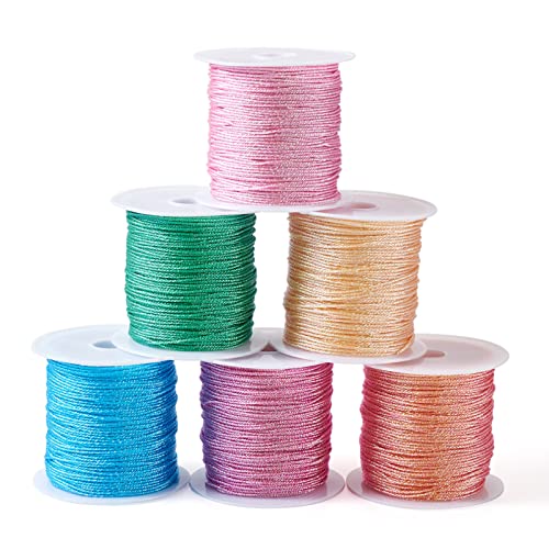 Crafans 6 Farben, 0,8 mm, Polyesterschnur, geflochten, Metallic-Schnur, Perlenschnur für Makramee, Armband, Halsketten, Handwerk, DIY, Schmuckherstellung, 22 m/Rolle von Crafans