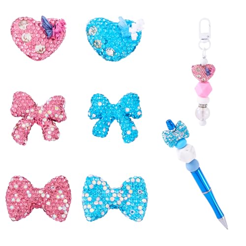 Crafans 6 x Schleifen-Strass, Polymer-Ton, Perlen in Rosa und Blau, Strass-Herz mit Schmetterling-Abstandshalter, Perlen für DIY-Armbänder, Ohrringe, Perlenstift-Dekoration von Crafans