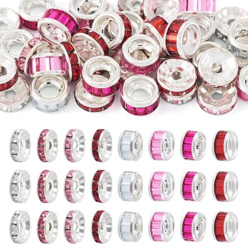 Crafans Abstandshalter aus Legierung, 10 mm, flach, rund, Eisen, Glas, Strass, Bastelperlen, 8 Stile für DIY-Armbänder, Halsketten, Ohrringe, Schmuckherstellung, Rosa, 40 Stück von Crafans