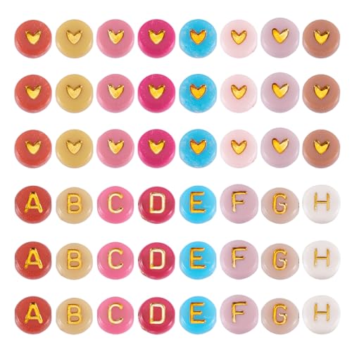 Crafans Acrylperlen in Herz- und Buchstaben-Form, flach, rund, Alphabet, Herzmuster, Abstandshalter, zufällige Mischung, für DIY-Armbänder, Halsketten, Schmuckherstellung, Goldmuster, 700 Stück von Crafans
