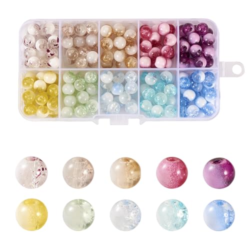 Crafans Craquelé-Glas- und Lampwork-Perlen, zweifarbig, 8 mm, rund, Abstandshalter, Glasperlen, bunte, transparente Glasperlen für DIY-Schmuckherstellung, 200 Stück von Crafans