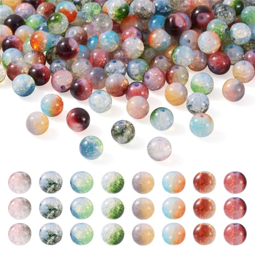 Crafans Craquelé-Glasperlen, 10 mm, zweifarbig, transparent, rund, lose Abstandshalter, grobe Perlen für selbstgemachte Halsketten, Armbänder, Schmuckherstellung, 160 Stück von Crafans