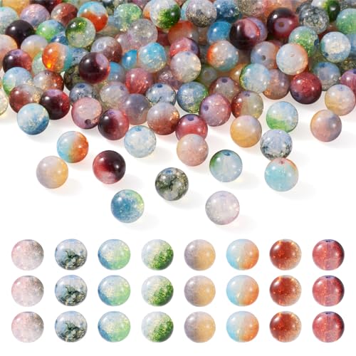Crafans Craquelé-Glasperlen, 10 mm, zweifarbig, transparent, rund, lose Abstandshalter, grobe Perlen für selbstgemachte Halsketten, Armbänder, Schmuckherstellung, 160 Stück von Crafans