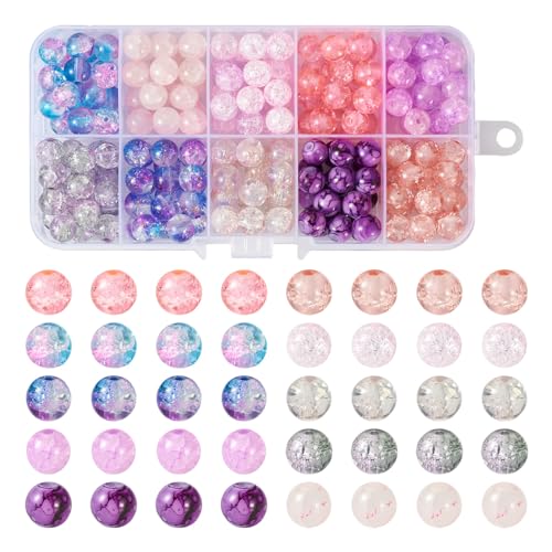 Crafans Craquelé-Glasperlen, transparent, sprühlackiert, runde Glasperlen, 8 mm, zweifarbig, zum Backen, bemalte Glasperlen, Großpackung für DIY-Schmuckherstellung, Rosa und Lila, 200 Stück von Crafans