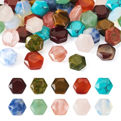 Crafans Facettierte sechseckige Edelsteinperlen, natürliche und synthetische Edelstein-Abstandshalter, 10 Stile, Regenbogen-Jaspis, Rosenquarz, Steinperlen für DIY-Schmuckherstellung, 40 Stück von Crafans