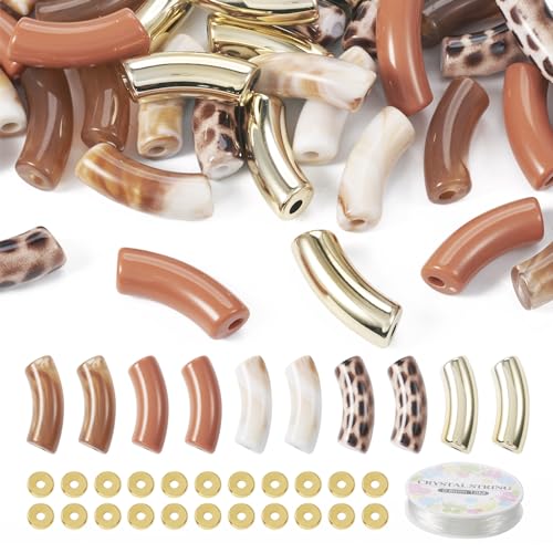 Crafans Gebogene Acrylperlen, braun, Leopardenmuster, großes Loch, Twist-Rohrperlen mit elastischem Faden, Armbandherstellungs-Set für Bastelarbeiten, Bambusarmreifen, Schmuckherstellung, 40 Stück von Crafans