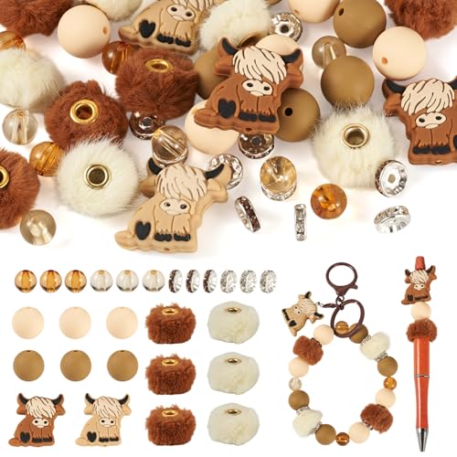 Crafans Gummiperlen mit Yak-Motiv, Schmuckherstellungs-Set, Flusenkugel-Perlen/Strass-Abstandshalter, niedliche Tier-Silikonperlen, Ochsen für DIY-Armbänder, Schlüsselanhänger, Schmuckherstellung, 44 von Crafans