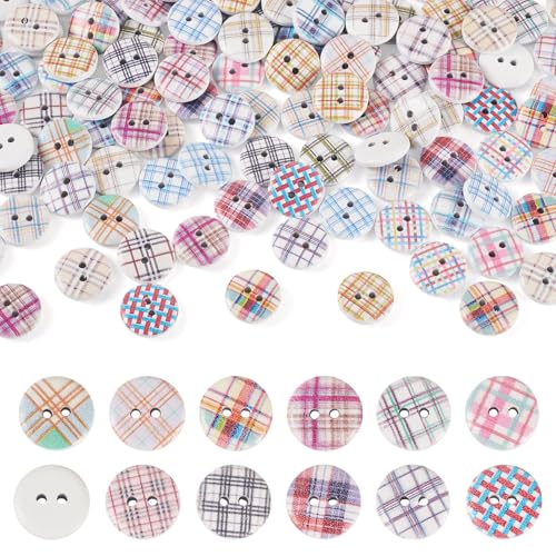 Crafans Holzknöpfe, flach, rund, kariert, 15 mm, 2 Löcher, kariert, bedruckt, Nähknöpfe, Bastelbedarf, Stricken, Kunst, handgefertigte Ornamente, 200 Stück von Crafans