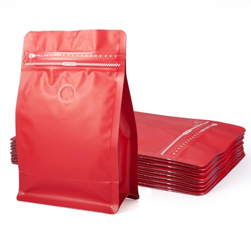 Crafans Kaffeebohnen-Beutel mit Ventil, Reißverschluss, rechteckig, flacher Boden, stehend, wiederverschließbar, Seite mit Heißsiegel, für Süßigkeiten, Schlangen, Kekse, Rot, 10 Stück von Crafans
