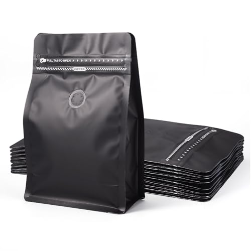 Crafans Kaffeebohnen-Beutel mit Ventil, schwarz, rechteckig, Reißverschluss, flache Unterseite, stehend, wiederverschließbar, Seite mit Heißsiegel, für Süßigkeiten, Kekse, Schwarz, 10 Stück von Crafans