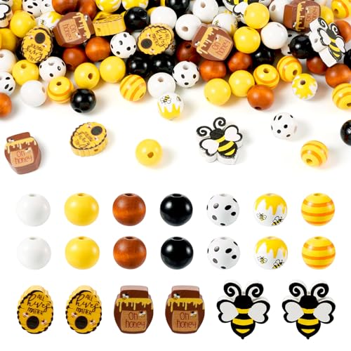 Crafans Natürliche Holzperlen mit Bienenmotiv, Bienen- und Wabenholzperlen, Honigglas, großes Loch, rund, bedruckte Holzperlen für Armbänder, Schmuckherstellung, 125 Stück von Crafans