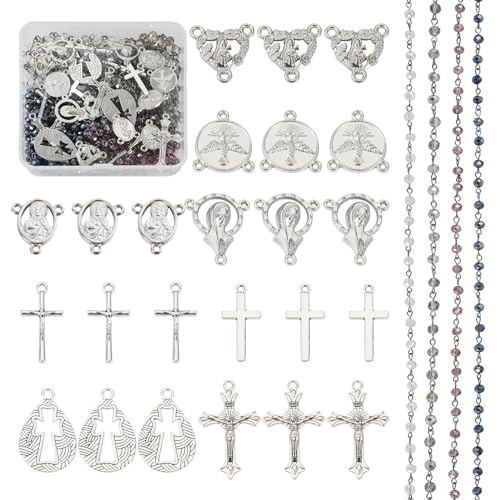 Crafans Rosenkranz Perlen Halskette Glas Perlen Ketten Silber Vintage Kreuz Anhänger Jungfrau Maria Kronleuchter Komponenten Links für DIY Halskette Armband Schmuck Herstellung, 36Pcs von Crafans