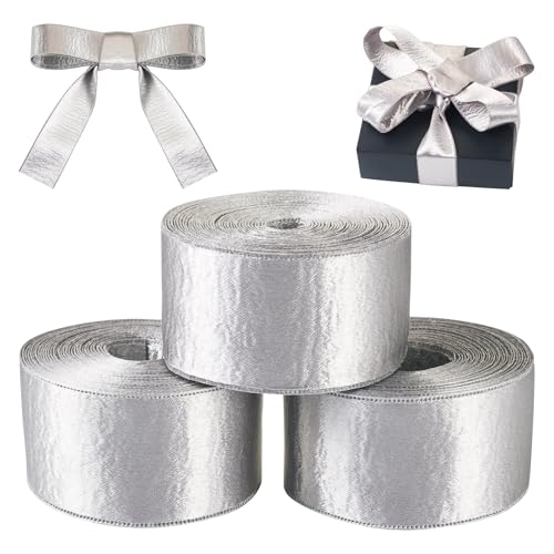 Crafans Silberfarbenes Polyesterband, dekorative Zierborten, Schleifenband, für Geschenkverpackungen, Bekleidungszubehör, 38 mm breit, 12,7 m von Crafans