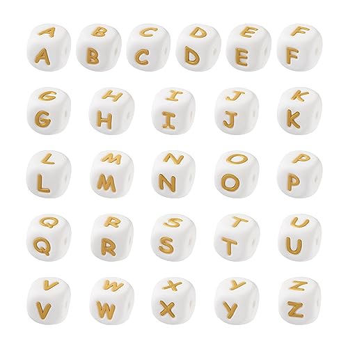 Crafans Silikon-Buchstabenperlen A-Z, goldene Buchstaben-Abstandshalter, Alphabet-Perlen, Freundschaftsarmband, Perlen, 12 mm, quadratische Buchstabenperlen für DIY-Schmuckherstellung, 52 Stück von Crafans