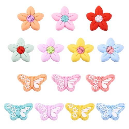 Crafans Silikon-Perlen mit Schmetterlings- und Blumenmotiv, bunt, weiche Gummi-Abstandshalter, Blüten-Silikonperlen für DIY-Armbänder, Halsketten, Schlüsselanhänger, Schmuckherstellung, 14 Stück von Crafans