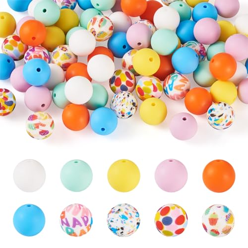 Crafans Silikonperlen mit Punktmuster, rund, bunt, weiche Gummi-Abstandshalter, Eiscreme-Muster, klobige Silikonperlen für DIY-Armbänder, Schmuckherstellung, 76 Stück von Crafans