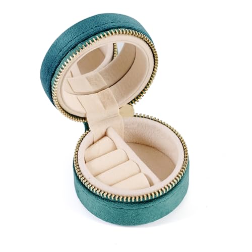 Crafans Tragbare Schmuckschatulle mit Spiegel, rund, Mini-Schmuckkästchen, Samt, Reise-Schmuckkästchen, Ringe, Ohrringe, kleine Schmuckaufbewahrung, Reißverschluss-Boxen für Damenschmuck, Dunkelgrün Crafans Tragbare Schmuckschatulle mit Spiegel, rund, Mini-Schmuckkästchen, Samt, Reise-Schmuckkästchen, Ringe, Ohrringe, kleine Schmuckaufbewahrung, Reißverschluss-Boxen für Damenschmuck, Dunkelgrün von Crafans