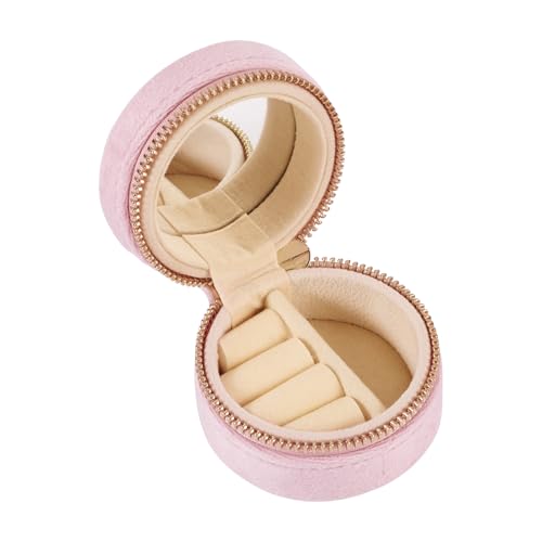 Crafans Tragbare Schmuckschatulle mit Spiegel, rund, Mini-Schmuckkästchen, Samt, für Reise, Ringe, Ohrringe, kleine Schmuckaufbewahrung, Reißverschluss-Boxen für Damen, Schmuck, Rosa von Crafans