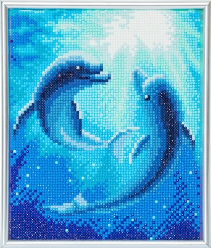 CRYSTAL ART Diamant-Stickerei-Set, mit weißem Rahmen, 21 x 25 cm – Delfine von CRYSTAL ART