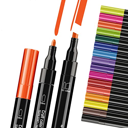 Craft Colors® Textilstifte PRO Doppelspitze, 18 x Textilmarker, waschmaschinenfest, leuchtende permanent Stoffmalstifte für Textilien, 2mm, 4mm (1mm) Stärke von Craft Colors