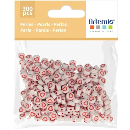 300 Perlen Dia.7 mm weiß + rotes Herz Marke Craft Consortium von Artemio
