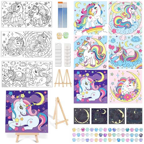 Craft Spot! 6 Stück Malen Nach Zahlen Kinder, Einhorn Malen nach Zahlen, mit Rahmen & Leuchtenden Acrylfarben, Paint by Numbers Bastelset für Mädchen Kinder ab 5 6 7 8 Jahre (20x20cm) von Craft Spot!