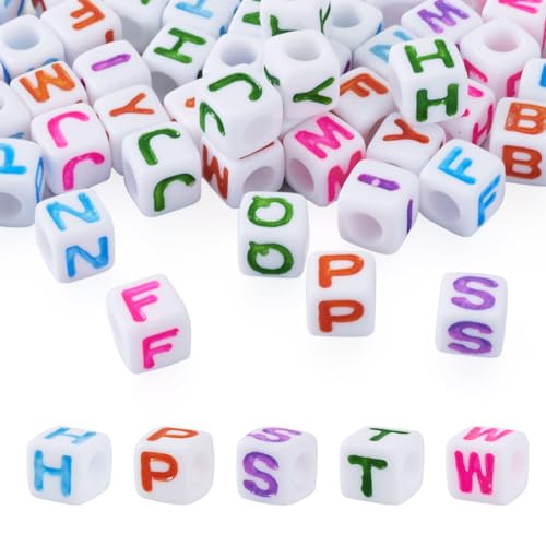 Craftdady 100 Stück A-Z Buchstaben-Perlen Mit Großem Loch - Acryl, Alphabet, Europäische Perlen, Weiß Mit Farbschrift - Für 4 mm Loch, Schlangenkette, Schmuckherstellung von Craftdady