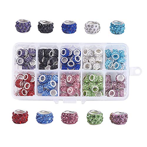 Craftdady 100 Stück europäische Abstandshalter aus Polymer-Ton, großes Loch, mit Strass, 11–12 x 7–7,5 mm, 10 Farben, Schiebe-Charm-Rondelle-Perlen mit Metallkern für Schlangenketten, Armbänder, von Craftdady