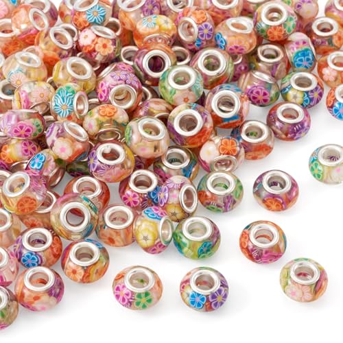 Craftdady 100 Stück europäische Großlochperlen mit silberfarbenen Kernen und Blumenmuster, Rondelle-Perlen, 14 mm, Harz mit Polymer-Ton, Abstandshalter, Perlen zum Basteln, für Armbänder, Halsketten Craftdady 100 Stück europäische Großlochperlen mit silberfarbenen Kernen und Blumenmuster, Rondelle-Perlen, 14 mm, Harz mit Polymer-Ton, Abstandshalter, Perlen zum Basteln, für Armbänder, Halsketten von Craftdady