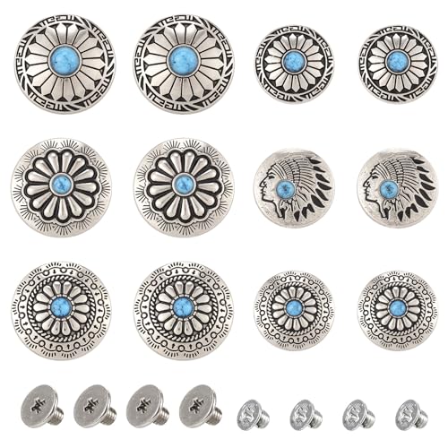Craftdady 12 Sets flache runde Metallnieten mit Schraubverschluss aus Legierung mit türkisfarbenem Blumenmuster, Schnalle aus Legierung, 24–30 x 7,5–10 mm, für Geldbörsen, Taschen, Lederhandwerk Craftdady 12 Sets flache runde Metallnieten mit Schraubverschluss aus Legierung mit türkisfarbenem Blumenmuster, Schnalle aus Legierung, 24–30 x 7,5–10 mm, für Geldbörsen, Taschen, Lederhandwerk von Craftdady