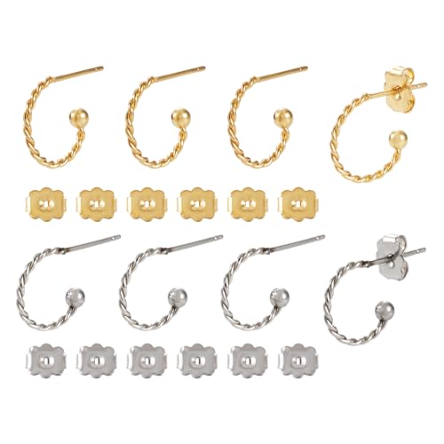 Craftdady 12 Stück C-förmige Ohrstecker aus Edelstahl, gedrehte Ohrstecker, offene Creolen mit Metall-Ohrmuttern für Frauen, DIY-Charm-Ohrringe, Schmuckherstellung von Craftdady