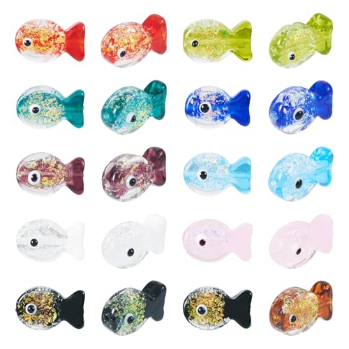 Craftdady 20 Stück handgefertigte Glasperlen aus Folie, gemischte Farben, glitzernde Fisch-Glasperlen, niedliches Meeresleben, Meerestiere, Abstandshalter für Bastelarbeiten, Halsketten von Craftdady