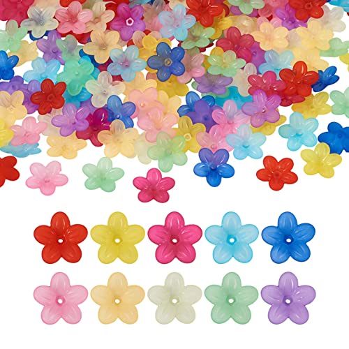 Craftdady 200 Stück Blumen-Perlenkappe, Acryl, transparent, 5 Blütenblätter, mattiert, Blumen-Anhänger, 10 Farben, Kunststoff, gebohrt, für Basteln und Armbänder von Craftdady