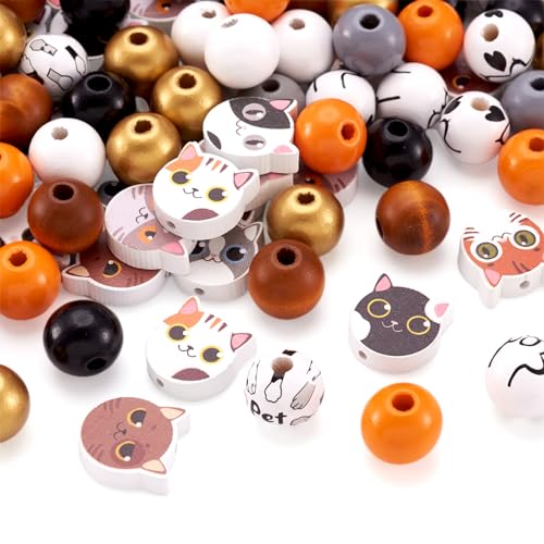 Craftdady 200 Stück Katzenholzperlen für Haustiere, niedliche Cartoon-Katzenköpfe, Kätzchen-Perlen-Set für Heimdekoration, Perlen, DIY, Schmuck, Basteln von Craftdady