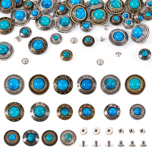 Craftdady 32 Stück flache runde Legierung Münze Schraubverschluss Nieten mit Türkisimitat Vintage Metallschnalle halbrunde Legierung Knöpfe 12-20 mm für Kleidung, Tasche, Schuhe, Lederhandwerk von Craftdady