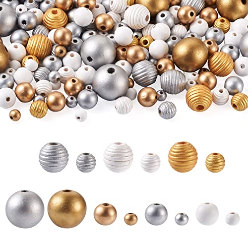 Craftdady 410 Stück Silber Gold Weiß Holzperlen Spray Bedruckt Rund Makramee Charm für Schmuck Armband Herstellung Weihnachten Ornamente Girlande Home Dekoration, 8/14/18/24mm von Craftdady