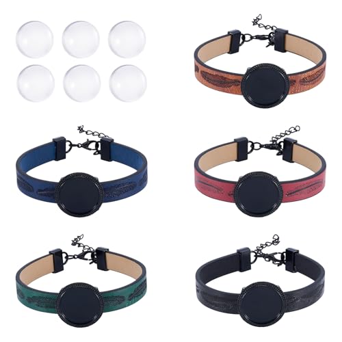 Craftdady 5 Stück PU-Lederschnur, Armbandherstellung, verstellbare Armbandrohlinge, Lünette, Tablett, 18 mm, Glas-Cabochons, DIY, für Damen und Herren, Armband-Schmuck-Sets für Ostern, Schwarz Craftdady 5 Stück PU-Lederschnur, Armbandherstellung, verstellbare Armbandrohlinge, Lünette, Tablett, 18 mm, Glas-Cabochons, DIY, für Damen und Herren, Armband-Schmuck-Sets für Ostern, Schwarz von Craftdady