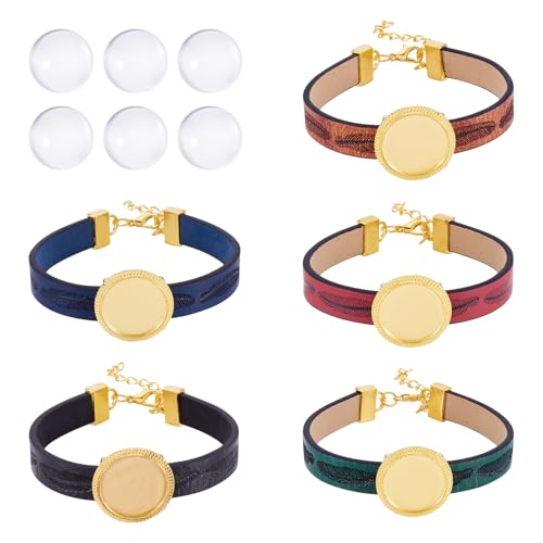 Craftdady 5 Stück PU-Lederschnur, Armbandherstellung, verstellbare Armbandrohlinge, Lünette, Tablett, 18 mm, Glas-Cabochons, DIY, für Damen und Herren, Armband-Schmuck-Sets für Ostern, goldfarben von Craftdady