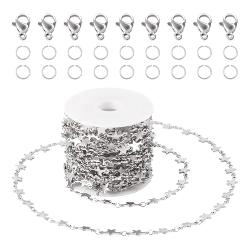 Craftdady 5 m lange Edelstahl-Stern-Glieder-Ketten, gelötete Halskette mit Karabinerverschlüssen, Biegeringe für Männer und Frauen, Armband, Halskette, Schmuckherstellung von Craftdady