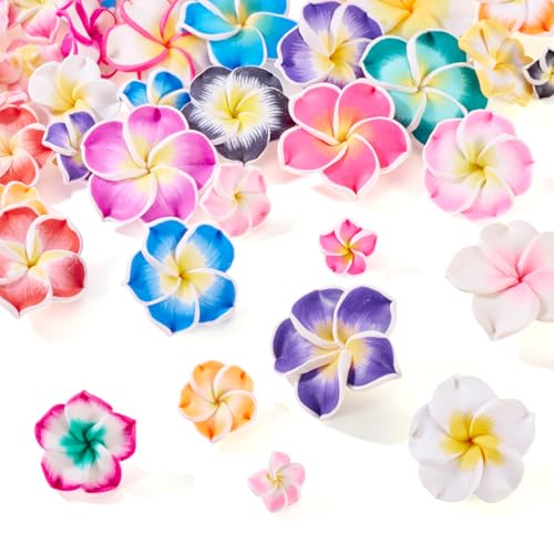 Craftdady 50 Stück handgefertigte Polymer-Ton-Blumen-Plumeria-Perlen, flache 3D-Blumenperlen für Schmuckherstellung, DIY-Armband, Ohrringe, Halskette, Haarseil, Loch: 1,5–2 mm von Craftdady